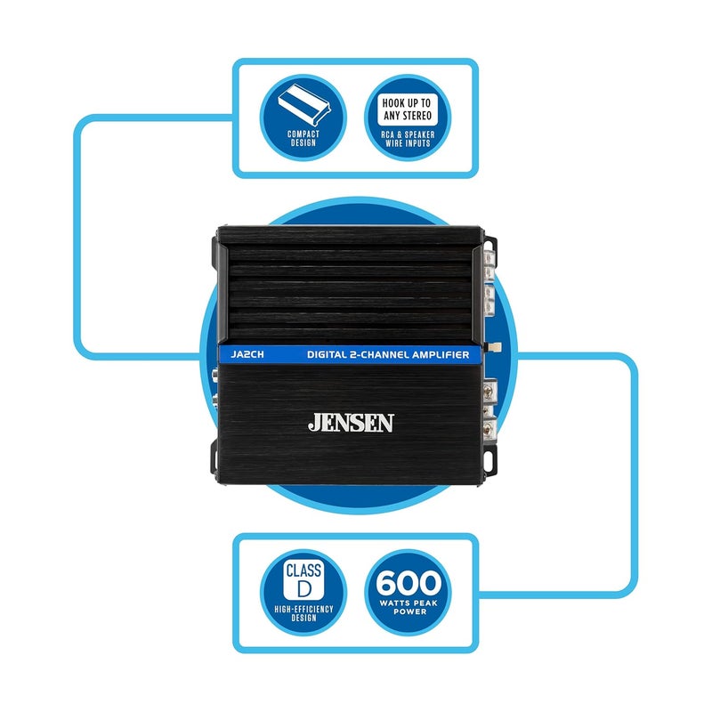 Jensen JA2CH Class-D 2-Channel Car Audio Amplifier | Motorcycle, ATV/UTV, Golf Cart Audio | 600 Watts Peak Power | Efficient Compact Design | Bridegeable - Image 3
